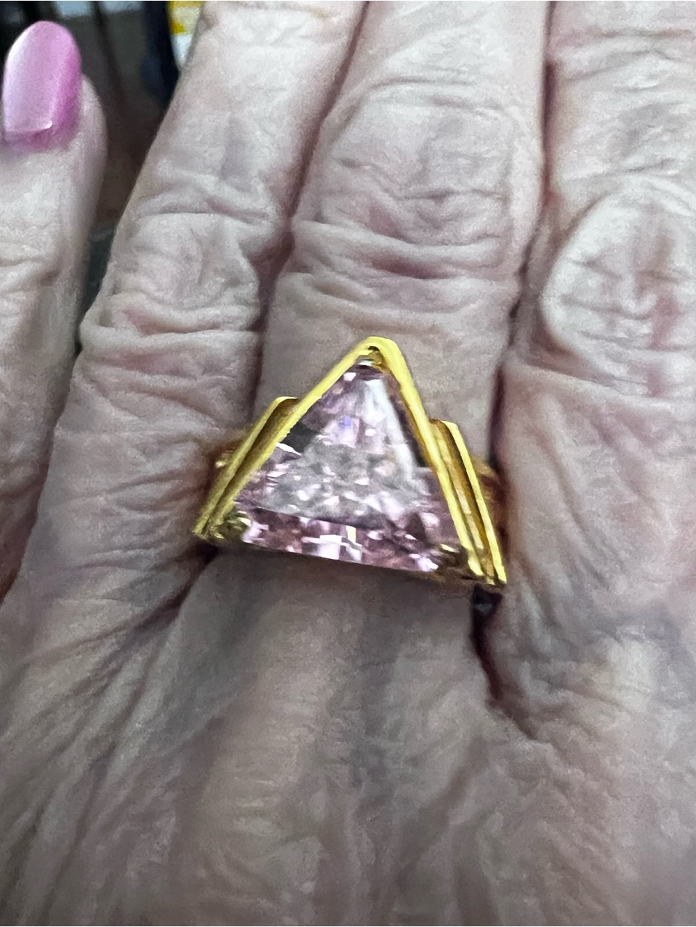 Gold Ring with Pink Triangular Gemstone electroplated. Size 8
